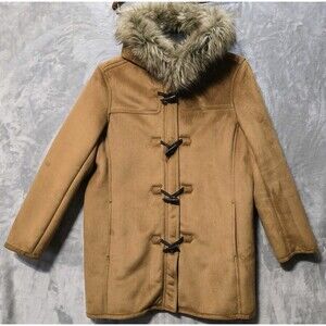 Vtg Lands End Suede Coat Jacket Womens L/P 14-16 Hooded Faux Fur *read